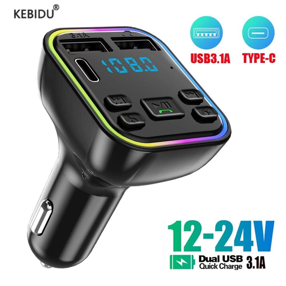 Laadija auto vabakäe Bluetooth 5.0 PD FM saatja Dual USB 3.1A kiirlaadija Type-C värviline autokomplekt MP3-modulaatoriga mängija hind ja info | Akulaadijad | kaup24.ee