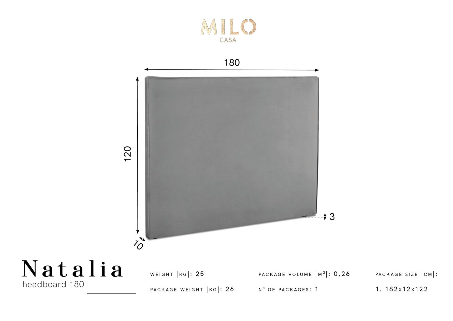 Voodipeats Milo Casa Natalia 180 cm, hall hind ja info | Voodid | kaup24.ee