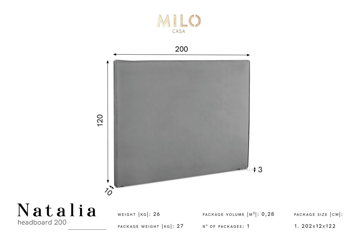 Voodipeats Milo Casa Natalia 200 cm, tumehall hind ja info | Voodid | kaup24.ee