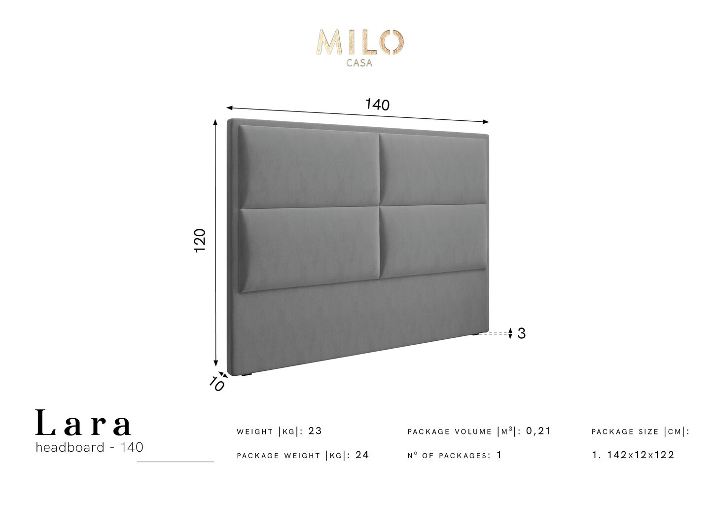 Voodipeats Milo Casa Lara 140 cm, hall hind ja info | Voodid | kaup24.ee