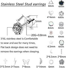 18 Paari roostevabast terasest kõrvarõngaste komplekt naistele meestele täht Kuu lill Süda Leht Opaal 20G Kõhrekõrvarõngad Hüpoallergeensed Flatback Kõrvarõngad hind ja info | Kõrvarõngad | kaup24.ee