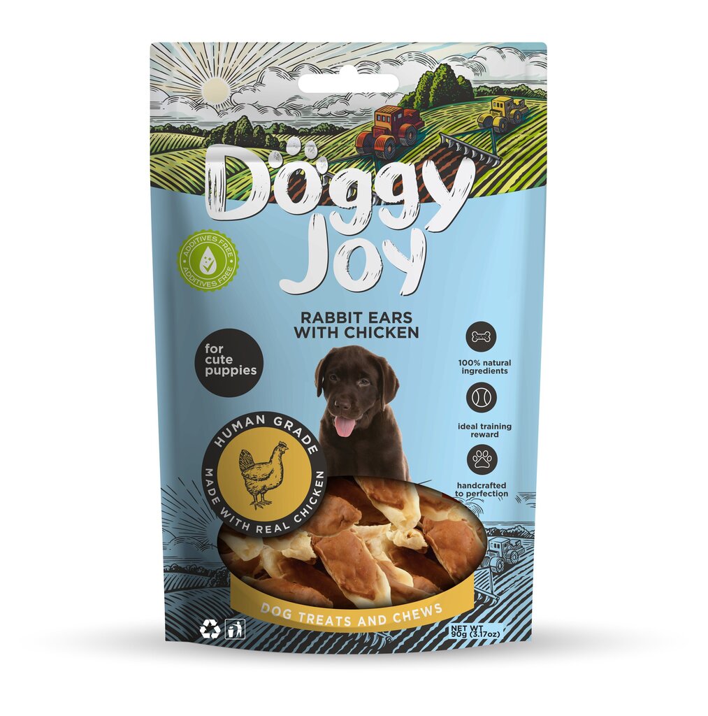 Doggy Joy rabbit ears with chicken närimismaiused kutsikale 90g hind ja info | Maiustused koertele | kaup24.ee