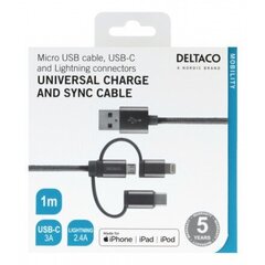 Deltaco IPLH-597, Micro USB, USB C, Lightning, 1m hind ja info | Mobiiltelefonide kaablid | kaup24.ee