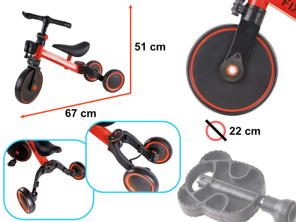 Laste tasakaaluliikur pedaalidega, punane, Trike Fix mini 3in1 hind ja info | Kolmerattalised jalgrattad | kaup24.ee