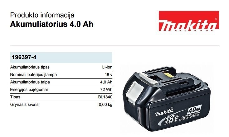 Aku 4.0Ah 196397-4 Makita hind ja info | Akutrellid, kruvikeerajad | kaup24.ee