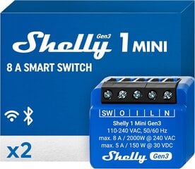 Shelly 1 Mini Gen3 WiFi ja Bluetoothi- ​​Nutirelee lüliti kuiva kontaktiga 1 kanaliga 8A valgusjuht Alexa ja Google Home iOS Androidi rakendus Jaoturit pole vaja (2 tk) hind ja info | Valvesüsteemid, kontrollerid | kaup24.ee