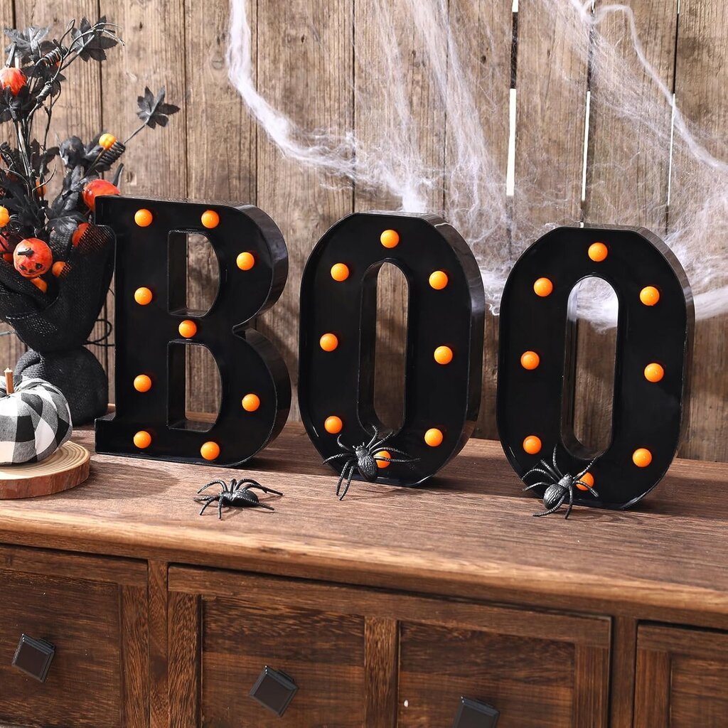 Halloweeni kaunistused – 3 LED-i valgustusega tähte "BOO" - Halloweeni kaunistus köögilauale, kaminale, sisepeole цена и информация | LED ribad | kaup24.ee