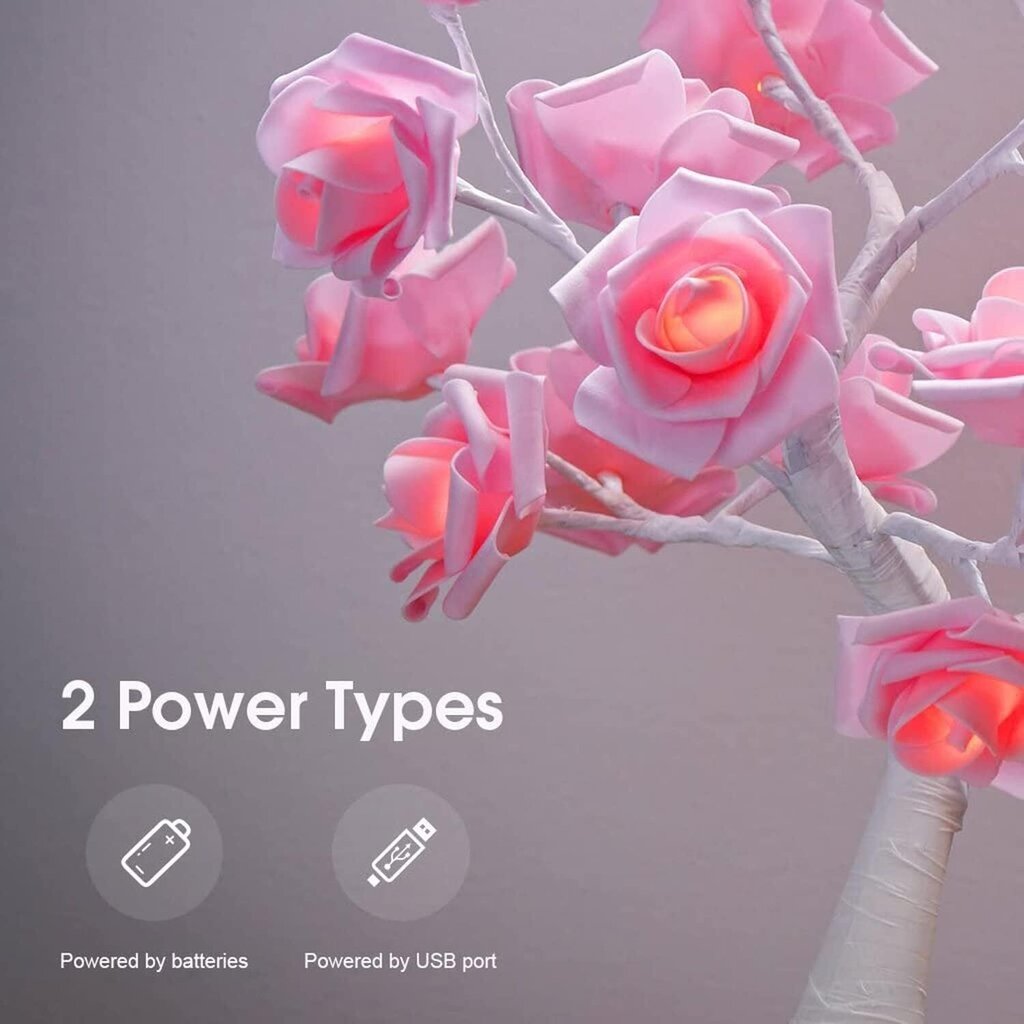 24 LED Pink Rose laualamp aku või USB toitega, taimer hind ja info | Laualambid | kaup24.ee