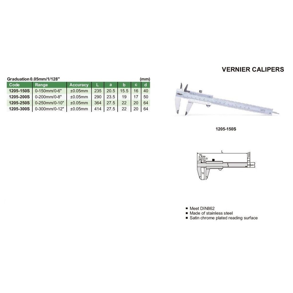 Nihik Insize 0-200mm/0-8", 0.05mm/1/128" цена и информация | Käsitööriistad | kaup24.ee