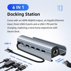 Серая док-станция Steam Deck 6 в 1, док-станция Steam Deck Rog Ally, подставка, аксессуар, 3 порта USB 3.0, HDMI 4K при 60 Гц, гигабитный Ethernet, концентратор PD 60 Вт цена и информация | Адаптеры и USB-hub | kaup24.ee