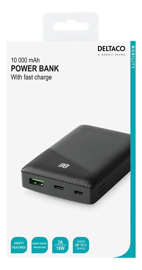 Akupank Deltaco PB-C1000 10000mAh, 1xUSB-C, 1xUSB-A, QuickCharge 3.0, must цена и информация | Akupangad | kaup24.ee