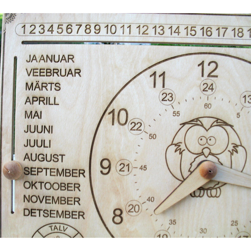 Laste kalender, kell, ilmajaam puidust alusel 50x30cm 0028 hind ja info | Arendavad mänguasjad | kaup24.ee
