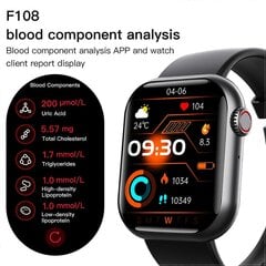 2024 F108 Smart Watch Vere glükoosisisaldus kusihappe ja lipiidide jälgimine vere hapnikusisalduse vererõhu jälgimine Bluetoothi kõnekell must silikoon hind ja info | Kellad | kaup24.ee