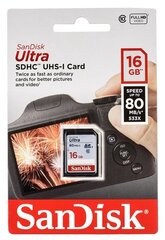 Mälukaart SANDISK 16GB Ultra SDHC 80MB/s Class 10 UHS-I hind ja info | Fotoaparaatide mälukaardid | kaup24.ee