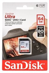 Mälukaart Sandisk 64GB Ultra SDHC 80MB/s Class 10 UHS-I hind ja info | Fotoaparaatide mälukaardid | kaup24.ee