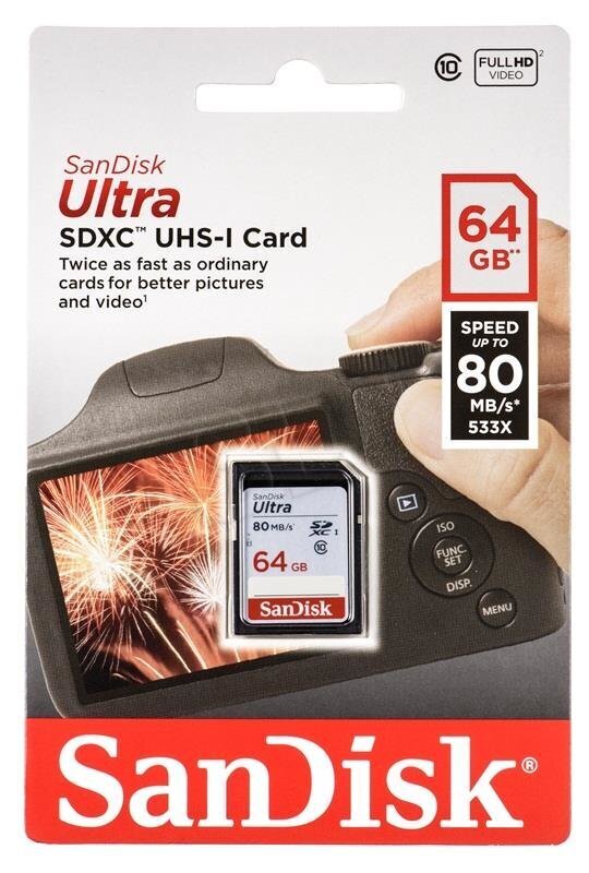 Mälukaart Sandisk 64GB Ultra SDHC 80MB/s Class 10 UHS-I hind ja info | Fotoaparaatide mälukaardid | kaup24.ee