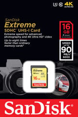 Mälukaart SANDISK 16GB Extreme SDHC Card 90MB/s Class 10 UHS-I U3 цена и информация | Карты памяти | kaup24.ee