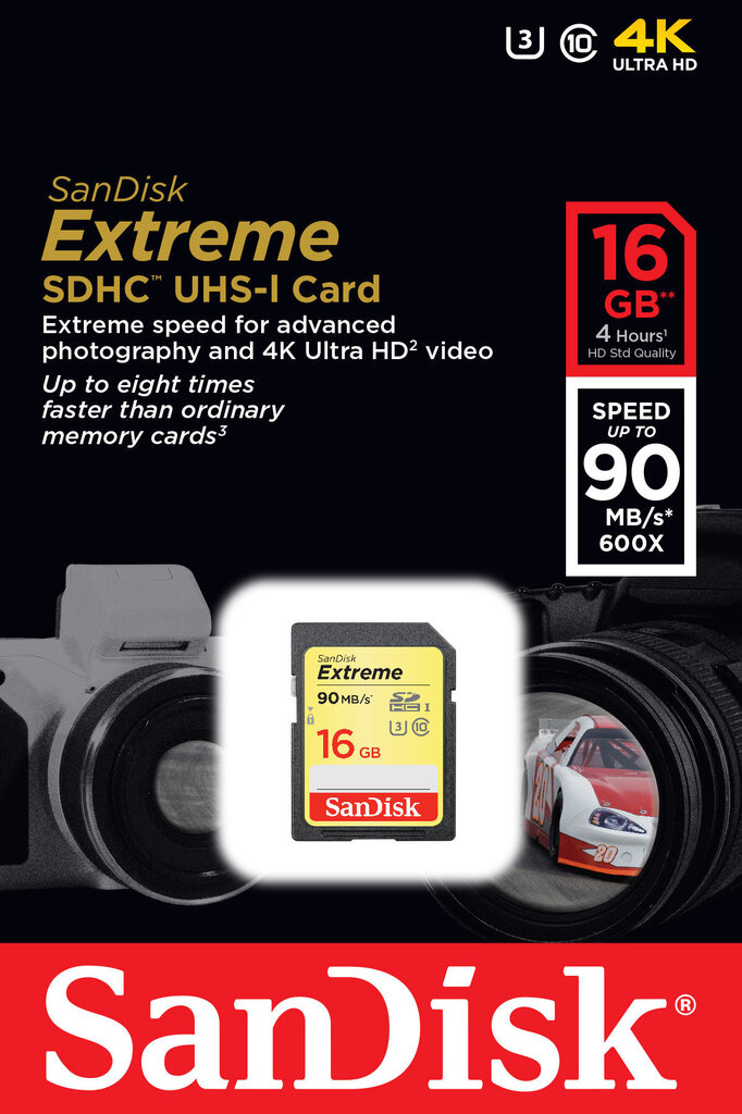 Mälukaart SANDISK 16GB Extreme SDHC Card 90MB/s Class 10 UHS-I U3 hind ja info | Fotoaparaatide mälukaardid | kaup24.ee