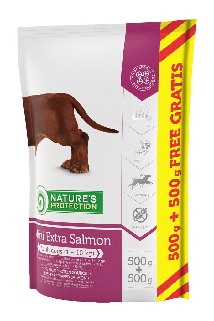 Kuivtoit koertele Nature's Protection Mini Extra Salmon lõhega, 500 g + 500 g hind ja info | Kuivtoit koertele | kaup24.ee