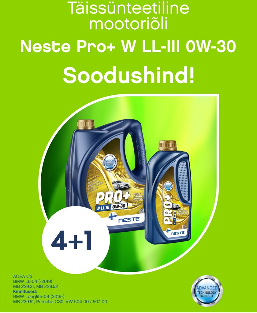 Kampaania! NESTE PRO+ W LL-III 0W-30 4+1L komplekt hind ja info | Mootoriõlid | kaup24.ee