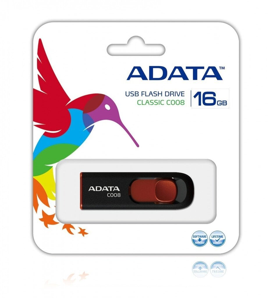 Mälupulk Adata C008 16GB, USB 2.0, must/punane цена и информация | Mälupulgad | kaup24.ee