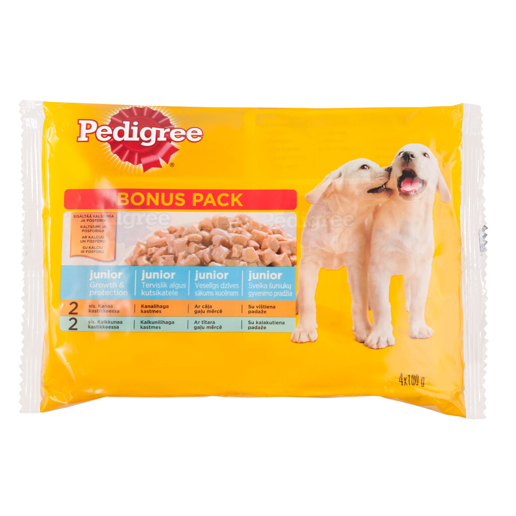 PEDIGREE Junior kuivtoit kana ja kalkuniga kastmega, 4x100g цена и информация | Konservid koertele | kaup24.ee