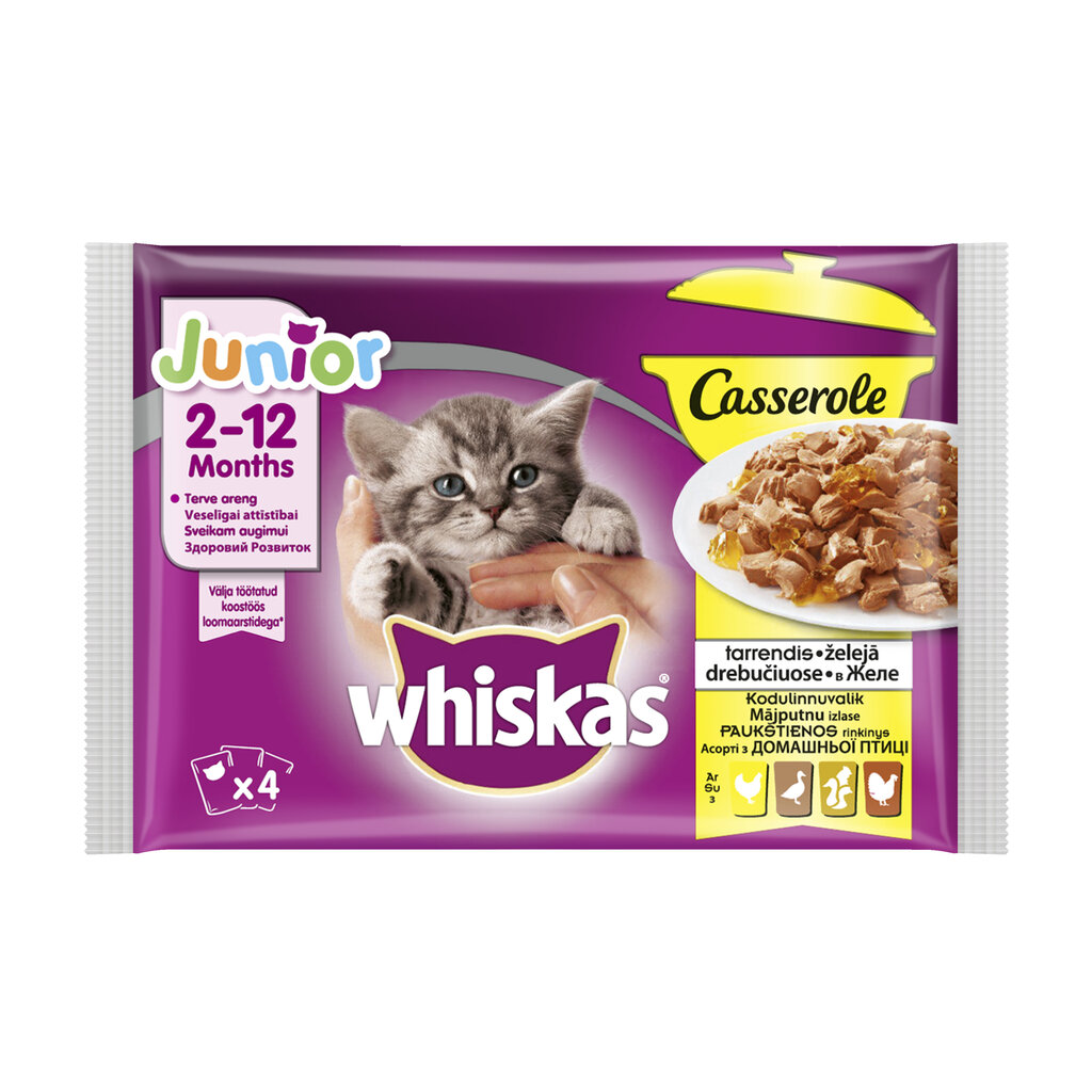 Whiskas Junior kiisueine 4-pakk linnulihavalik tarrendis, 85g цена и информация | Konservid kassidele | kaup24.ee