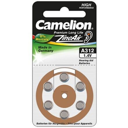 Camelion patareid kuuldeaparaadile, Zinc Air Celles, 1.4 V, A312/ZL312, 6 tk hind ja info | Patareid | kaup24.ee