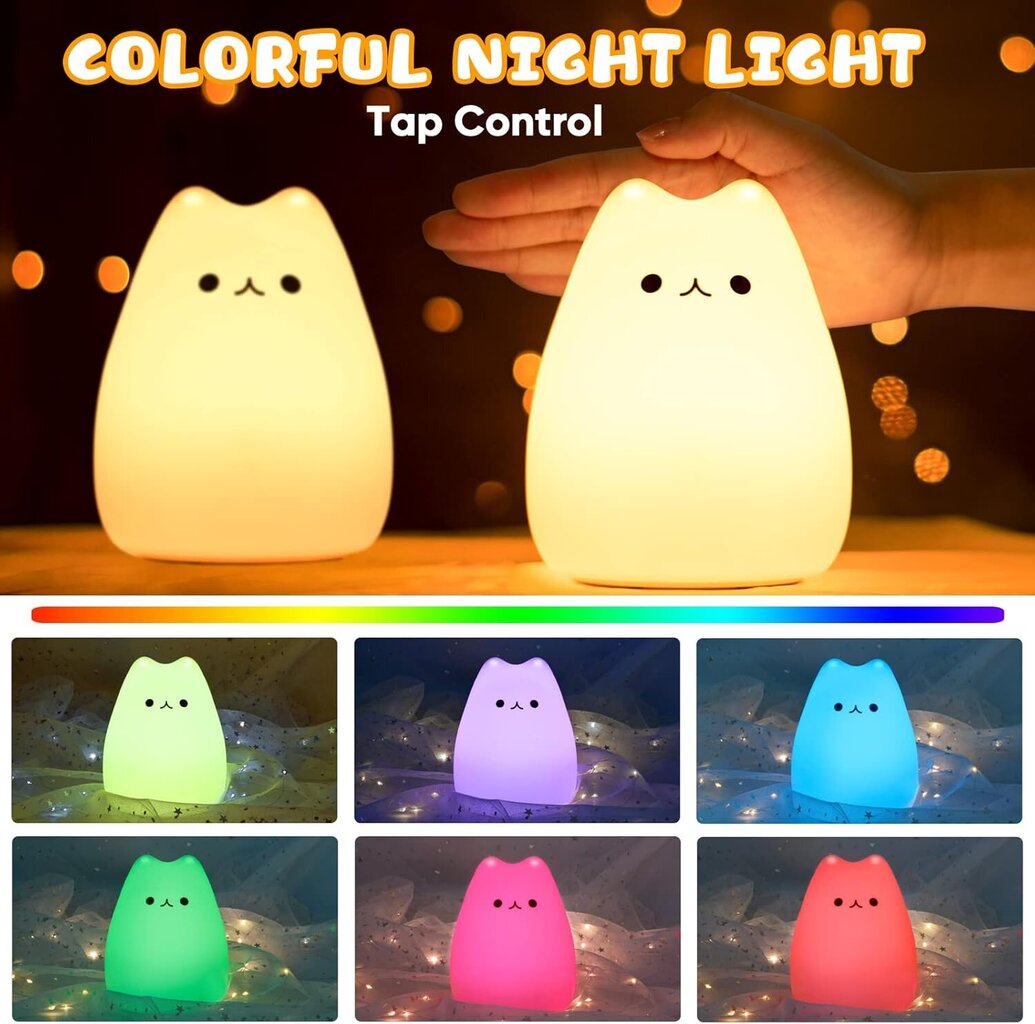 Baby Night Light, 7 värvi Kawaii Cat, Laetav LED, Taimeri funktsiooniga voodilamp, Laste öövalgusti silikoonpuudutus, Tüdrukute kingitus hind ja info | Lastetoa valgustid | kaup24.ee