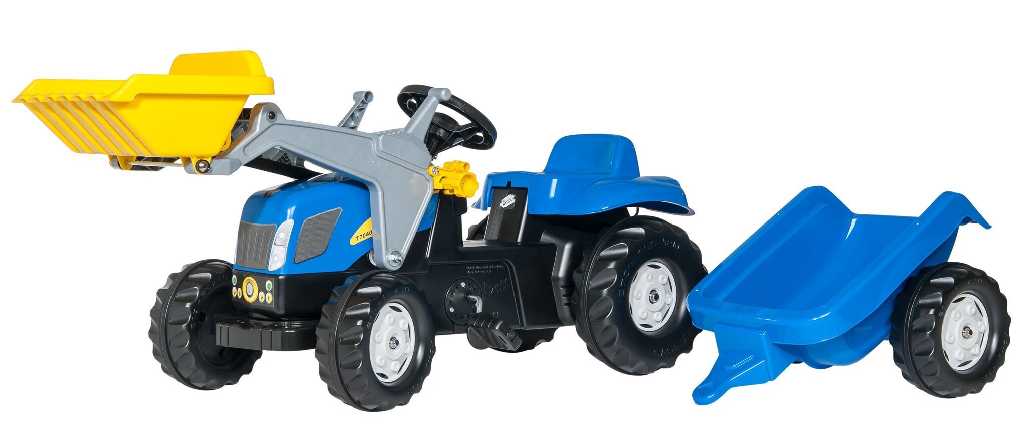 Pedaalidega pealeistutav traktor haagise ja kopaga Rolly Toys RollyKid NH T7040, sinine цена и информация | Poiste mänguasjad | kaup24.ee