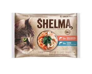 Shelma kassieined kala 4x85g lõhefileed, tursafileed spirulina kastmes цена и информация | Кошачьи консервы | kaup24.ee