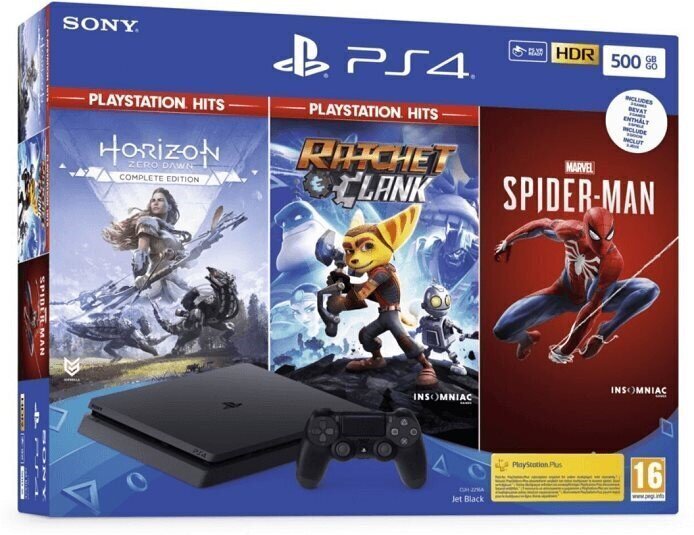 Sony PlayStation 4 (PS4) Slim, 500GB + Horizon Zero Dawn + Ratchet & Clank + Spider Man цена и информация | Mängukonsoolid | kaup24.ee