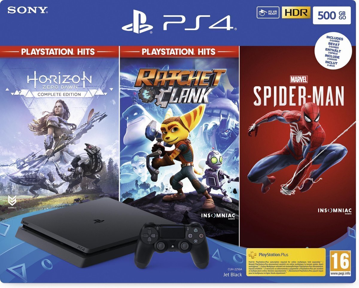 Sony PlayStation 4 (PS4) Slim, 500GB + Horizon Zero Dawn + Ratchet & Clank + Spider Man цена и информация | Mängukonsoolid | kaup24.ee