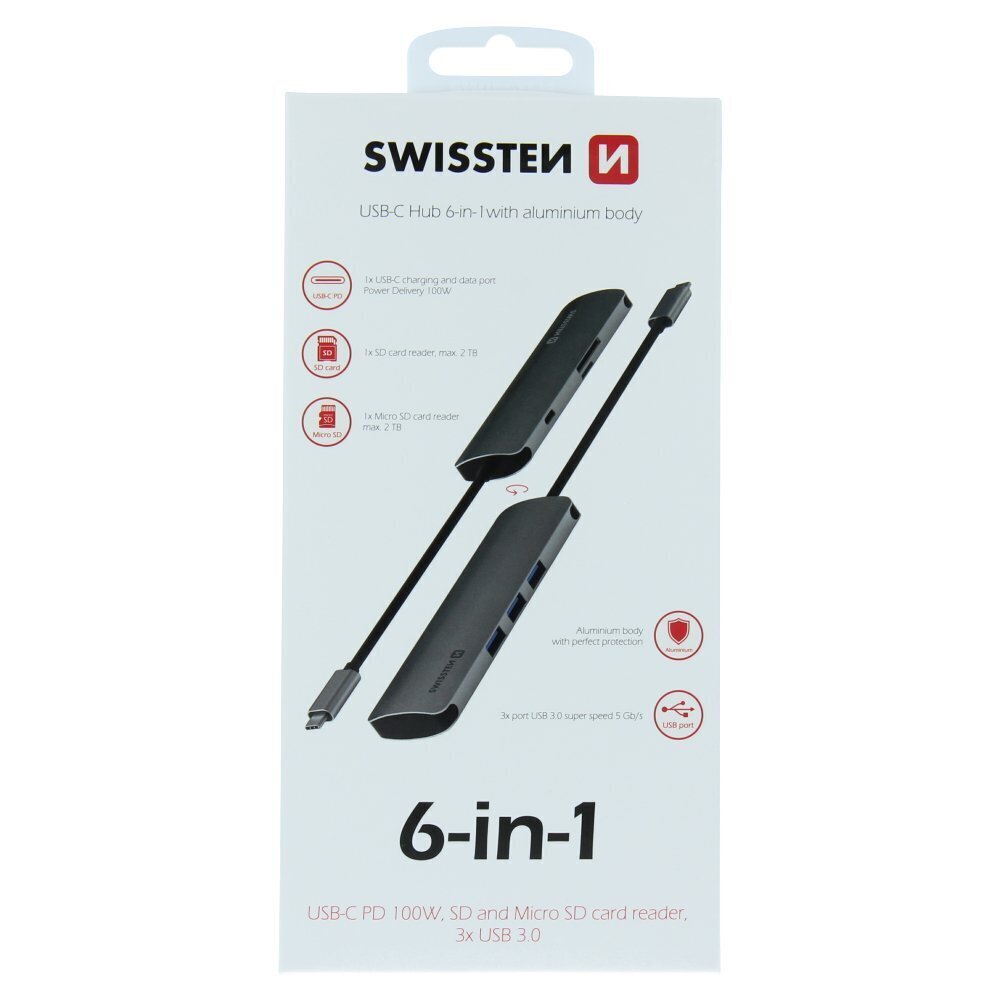 Swissten USB-C Hub 6in1 with 3X USB 3.0 / 1X USB-C Power Delivery / 1X microSD / 1X SD / Aluminum body hind ja info | USB jagajad, adapterid | kaup24.ee