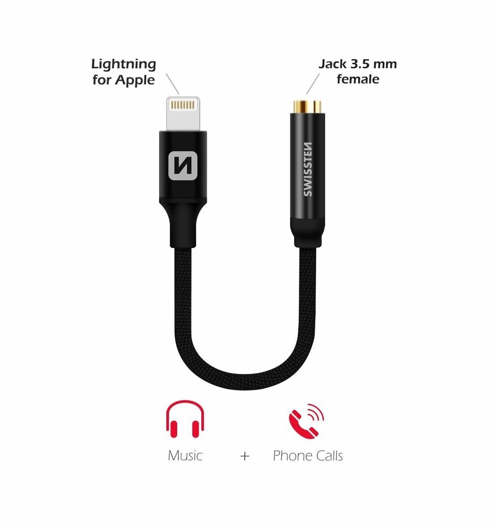 Swissten Lightning to Jack 3.5mm Audio Adapter for iPhone and iPad 15 cm Black hind ja info | USB jagajad, adapterid | kaup24.ee