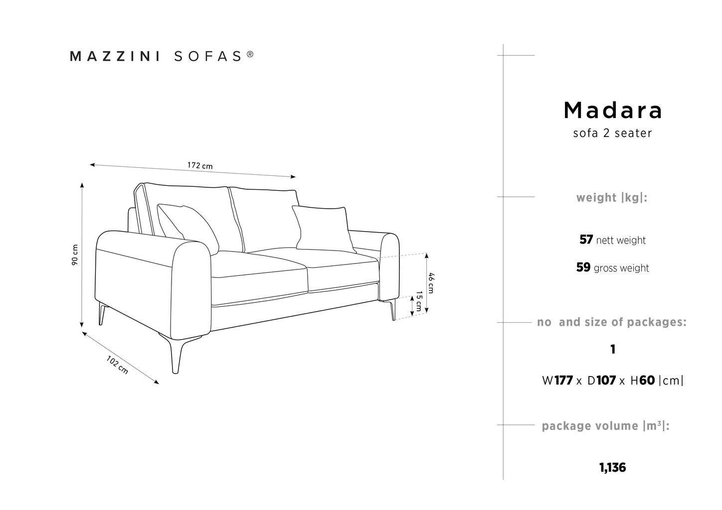 Kahekohalinde diivan Mazzini Sofas Madara, helebeež värv hind ja info | Diivanid ja diivanvoodid | kaup24.ee