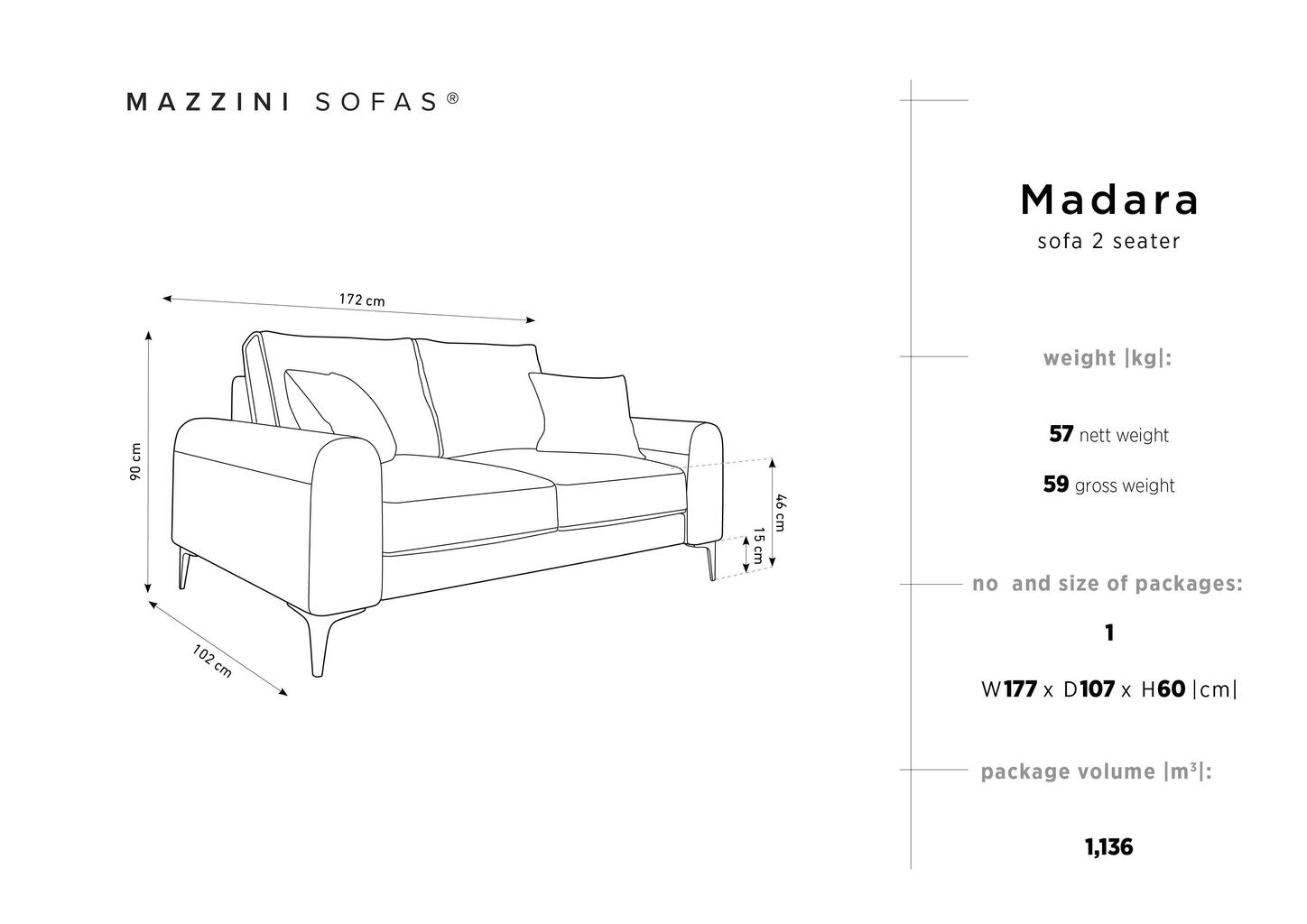 Kahekohaline diivan Mazzini Sofas Madara, tumehall цена и информация | Diivanid ja diivanvoodid | kaup24.ee