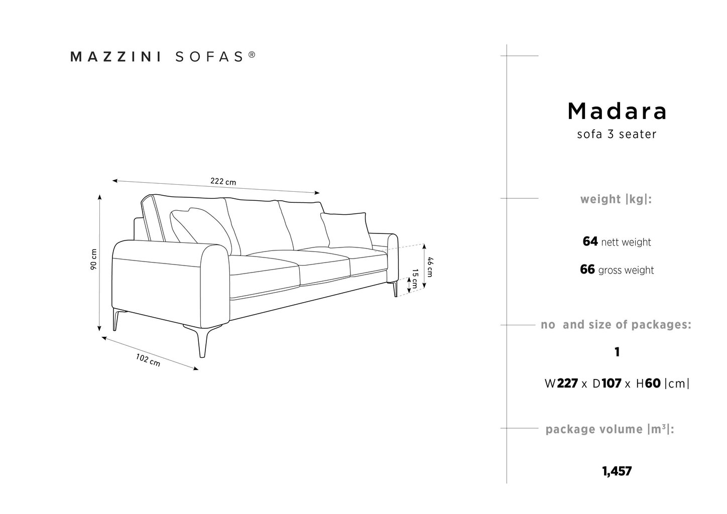 Kolmekohaline diivan Mazzini Sofas Madara 222 cm, helehall hind ja info | Diivanid ja diivanvoodid | kaup24.ee