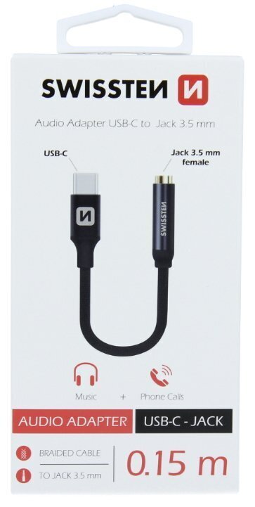 Swissten USB-C to Jack 3.5mm Audio Adapter for phones 15 cm Black цена и информация | USB jagajad, adapterid | kaup24.ee