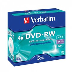 Verbatim DVD+RW, 4x, 4.7 ГБ, 5 шт. (43285) цена и информация | Виниловые пластинки, CD, DVD | kaup24.ee