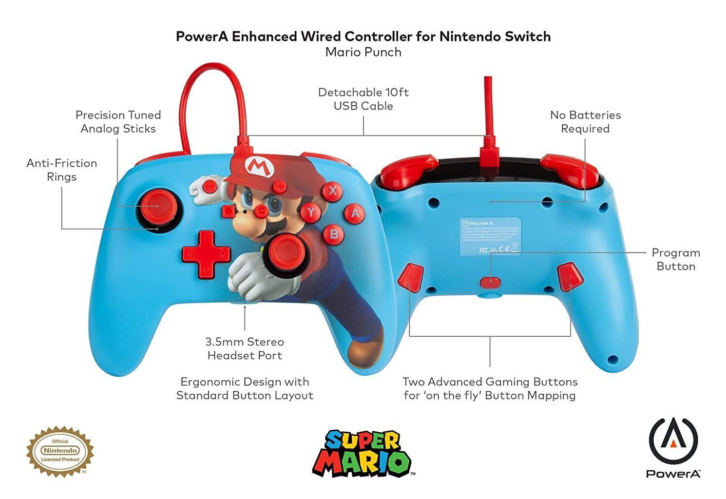 Juhtmega kaugjuhtimispult PowerA Super Mario Punch Nintendo Switchile цена и информация | Mängupuldid | kaup24.ee