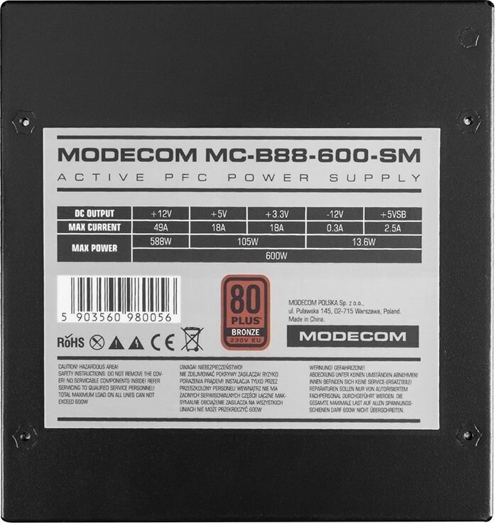 Modecom ZAS-MC-B88-600-ATX-SM hind ja info | Toiteplokid (PSU) | kaup24.ee