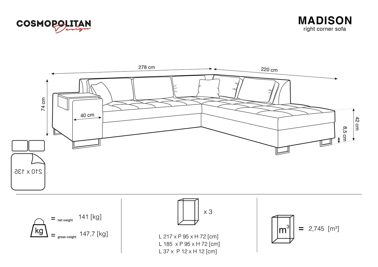 Pehme nurgadiivan Cosmopolitan Design Madison, must цена и информация | Nurgadiivanid ja nurgadiivanvoodid | kaup24.ee