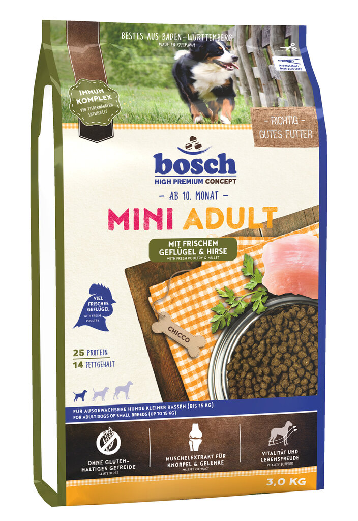 Bosch Mini Adult Poultry & Millet koeratoit linnuliha ja hirsiga, 3kg цена и информация | Kuivtoit koertele | kaup24.ee