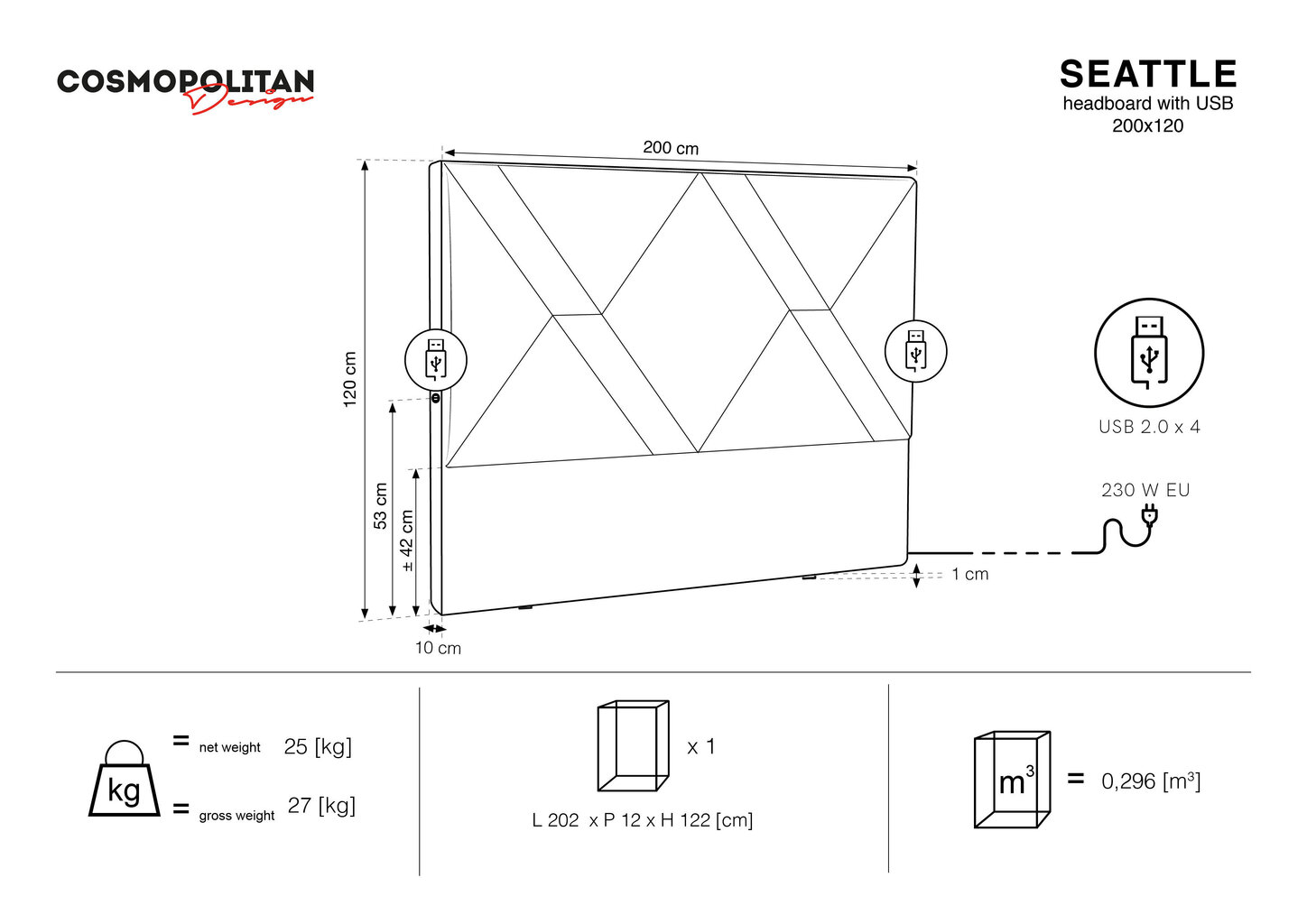 Voodipeats Cosmopolitan Design Seattle USB 200 cm, must hind ja info | Voodid | kaup24.ee