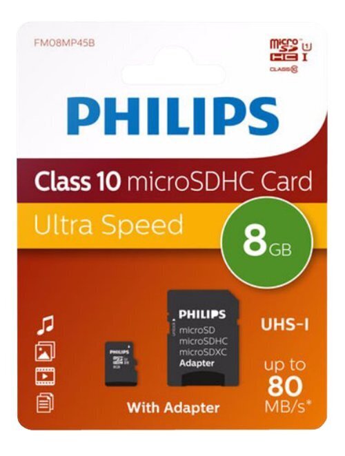 Philips MICROSDHC 8GB CLASS 10/UHS 1 + ADAPTER hind ja info | Mobiiltelefonide mälukaardid | kaup24.ee