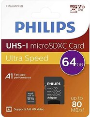 Карта памяти Philips MICROSDXC 64GB CLASS 10/UHS 1 + ADAPTER цена и информация | Philips Мобильные телефоны, Фото и Видео | kaup24.ee