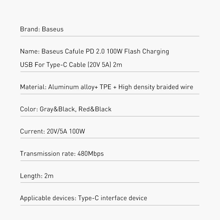 Telefonijuhe Baseus USB Typ C PD 2.0 100W 20V 5A(CATKLF-ALG1) hind ja info | Mobiiltelefonide kaablid | kaup24.ee