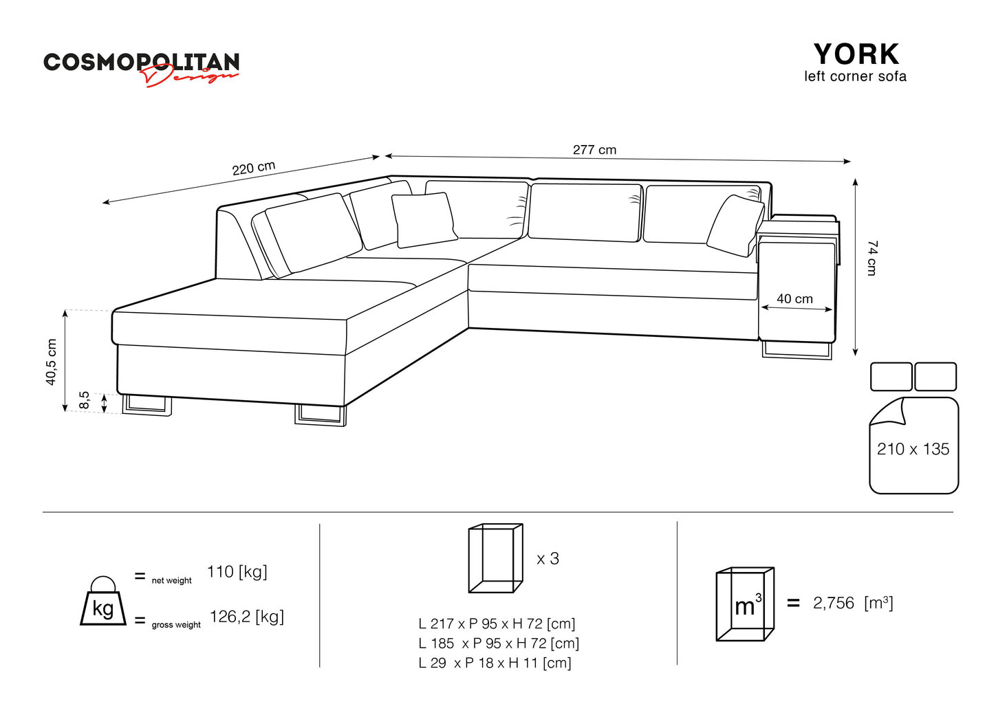 Pehme nurgadiivan Cosmopolitan Design York, must hind ja info | Nurgadiivanid ja nurgadiivanvoodid | kaup24.ee