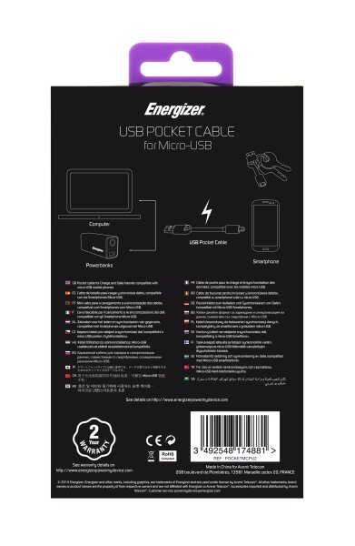 ENERGIZER Pocket MicroUSB-USB, lilla hind ja info | Mobiiltelefonide kaablid | kaup24.ee